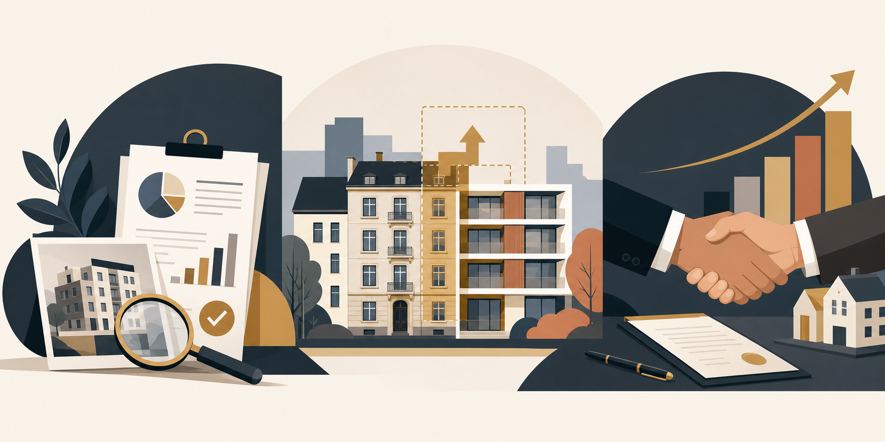 Illustration eines Immobilienprozesses mit Analyse, Gebaeude und Vertragsabschluss